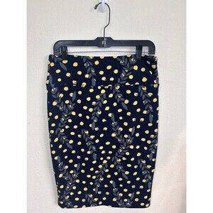 LulaRoe Cassie Skirt Womens L Navy Blue Yellow Polka Dot Leaf Pencil Stretch